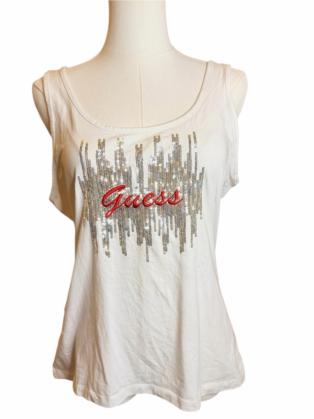 Guess Los Angeles Sequin Logo Tank Top XL Y2K Bling Cotton
